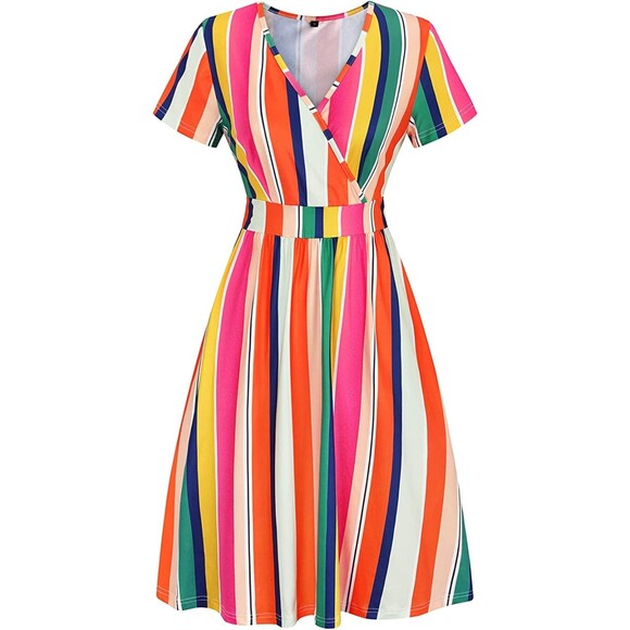 Vote Pretty V-Neck Rainbow Striped Short Sleeve Dress Sz L - Picture 3 of 6
